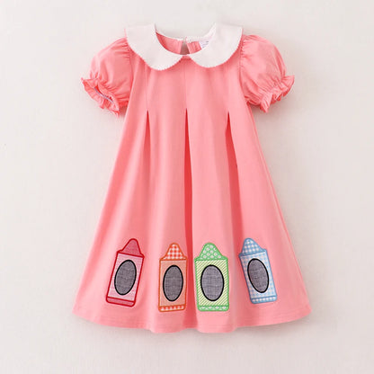 Back To School Coral Crayon Embroidery Cotton Dress