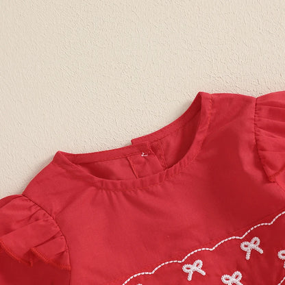 Baby Girl Bubble Romper Long Sleeve with Bow Embroidery