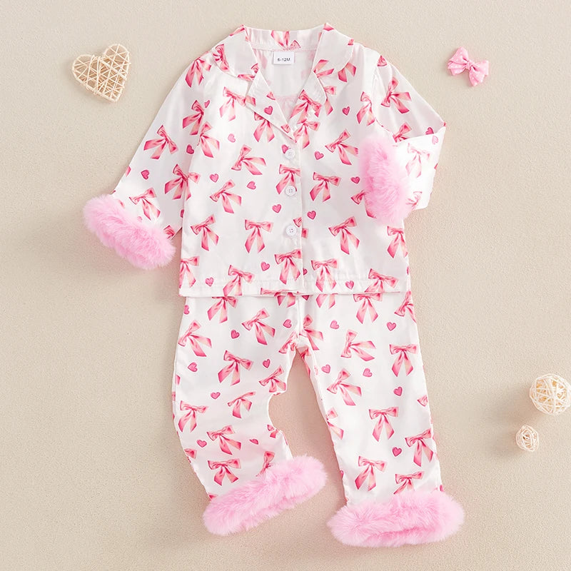 Toddler Girl Silk Button Down bow pjs with fur trim