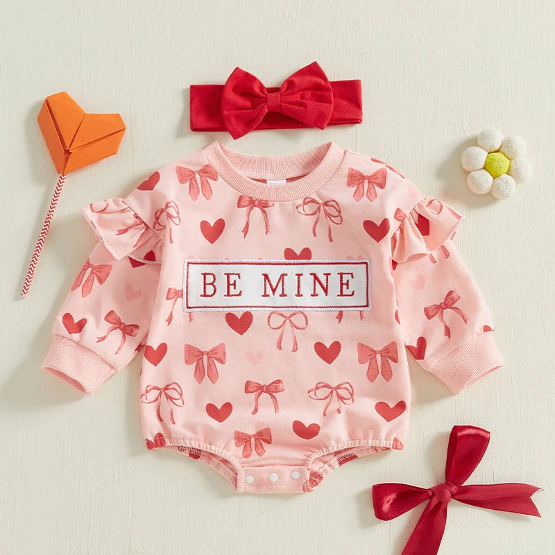 Long Sleeve Crewneck Bow Heart Sweatshirt Romper with Headband