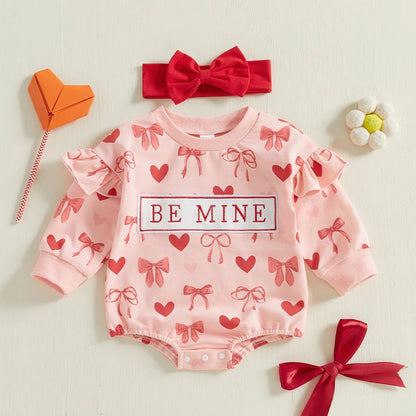 Long Sleeve Crewneck Bow Heart Sweatshirt Romper with Headband
