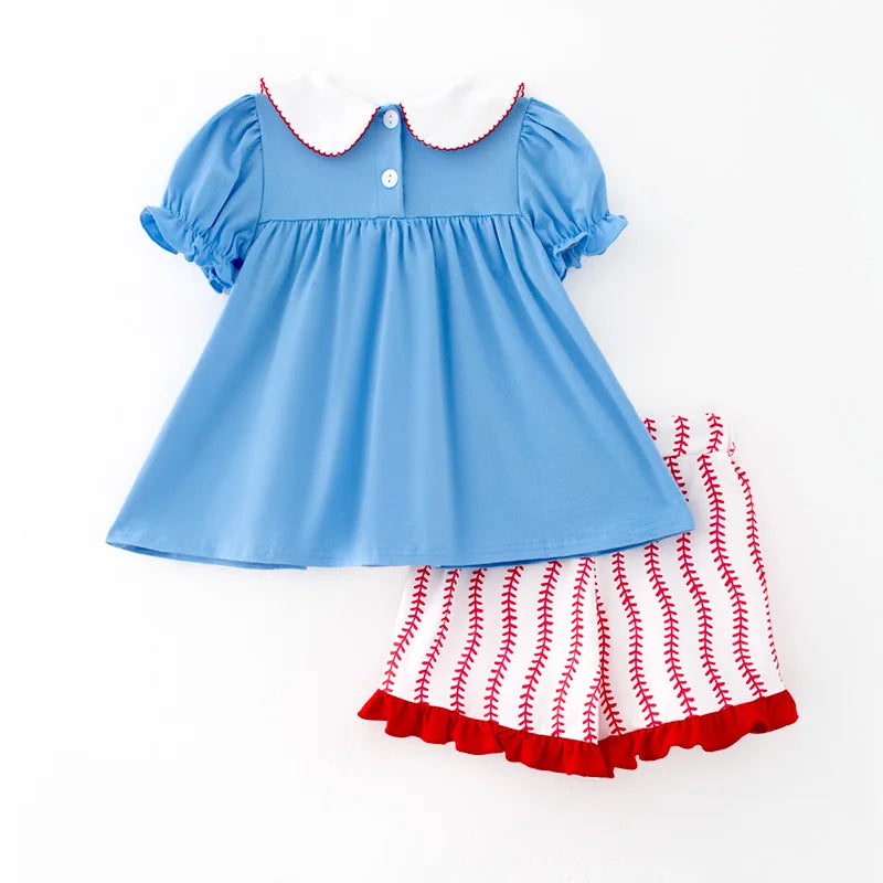 Take Me Out To The Ball Game Blue & Red Ruffled Shorts Set
