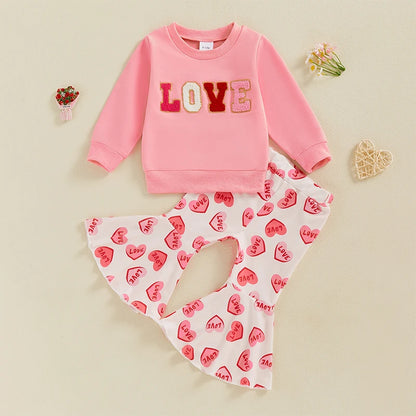 Love Embroidery Crewneck Sweatshirt Flare Pants Set