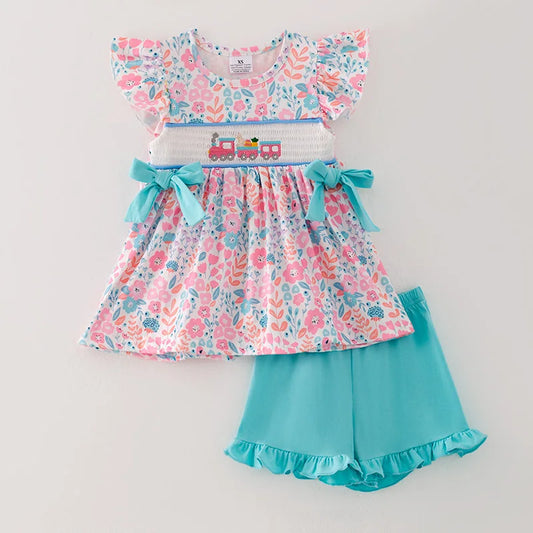 Smocked Train Shorts Set