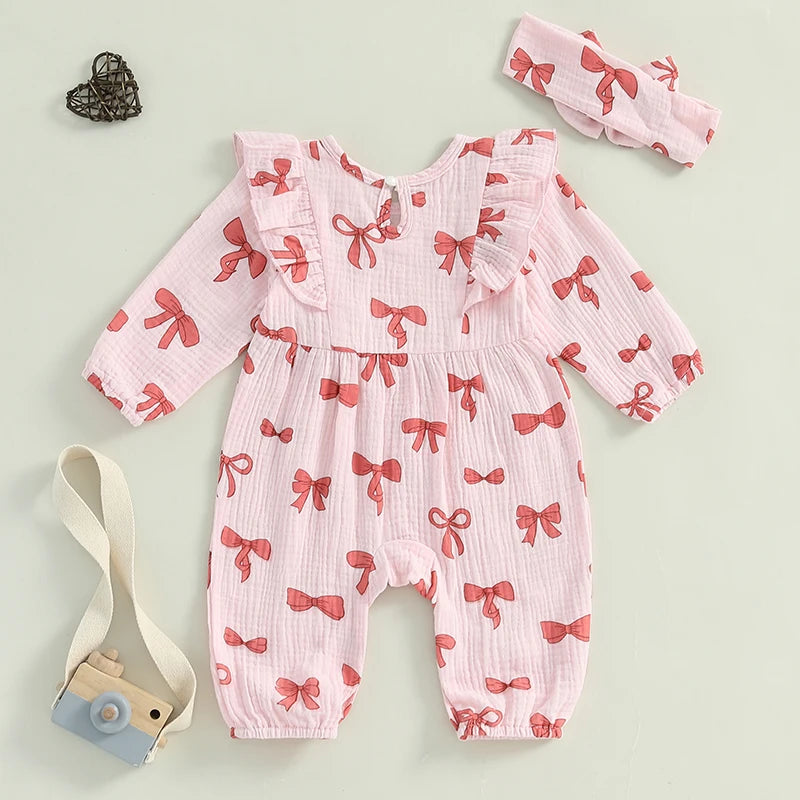 Bowknot Print Long Sleeve Cotton Linen Jumpsuit