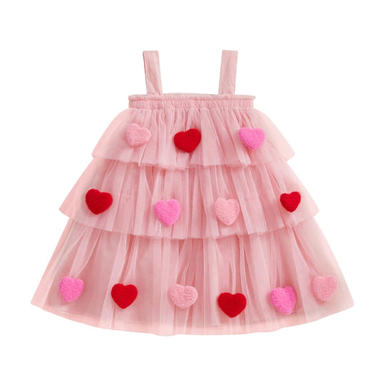 3D Plush Heart Sleeveless Layered Tulle Tutu Dress