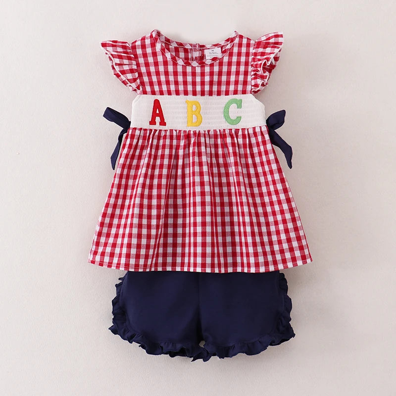 Back To School Woven Plaid ABC Embroidery Short Set