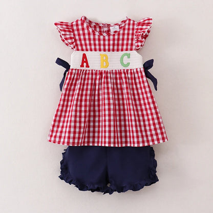 Back To School Woven Plaid ABC Embroidery Short Set