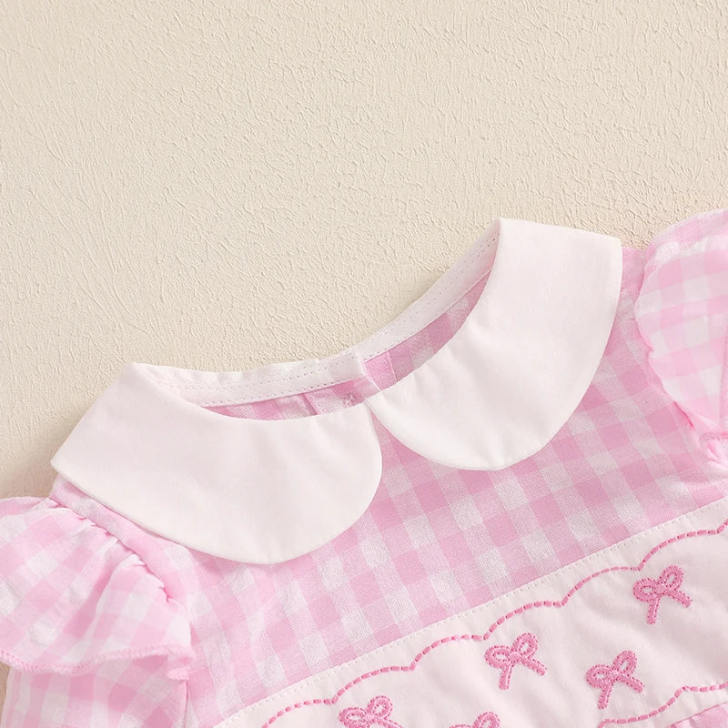 Baby Girl Bubble Romper Long Sleeve with Bow Embroidery