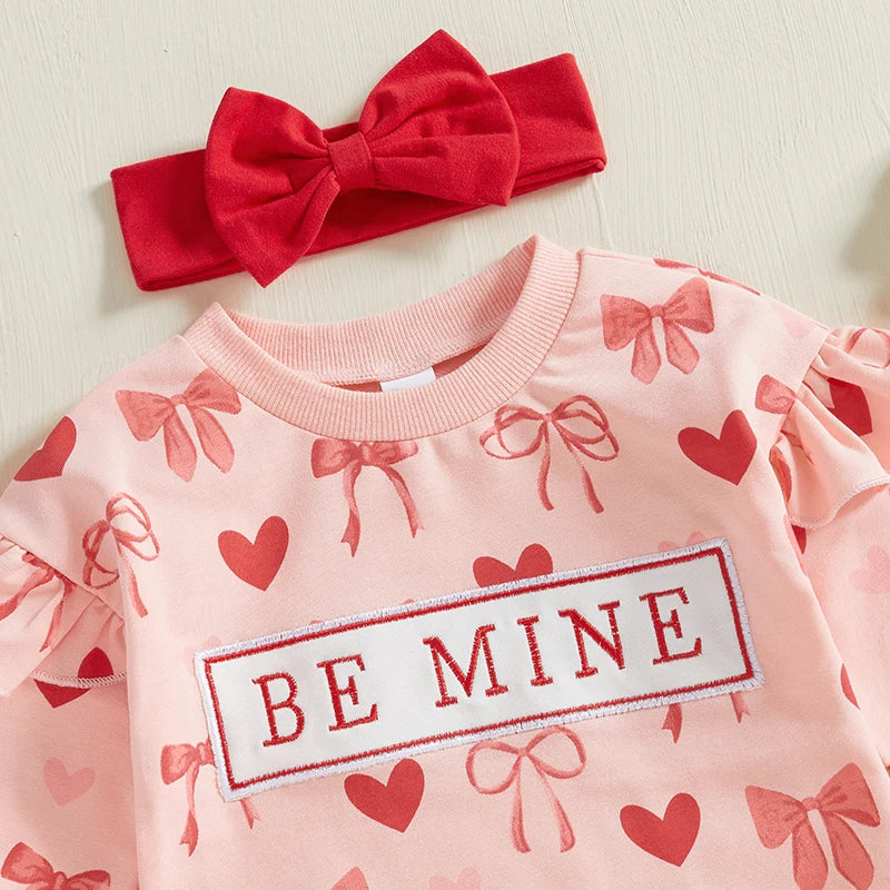 Long Sleeve Crewneck Bow Heart Sweatshirt Romper with Headband
