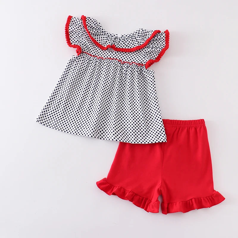 Back To School Polka Dot Apple Embroidery Shorts Set