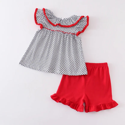 Back To School Polka Dot Apple Embroidery Shorts Set