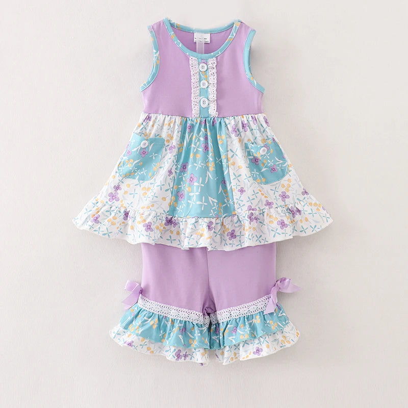 Lavender Floral Ruffles Shorts Set