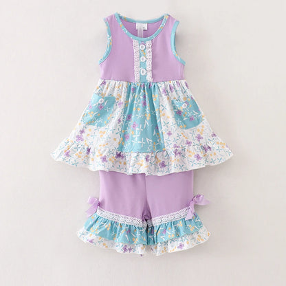 Lavender Floral Ruffles Shorts Set