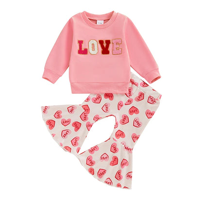 Love Embroidery Crewneck Sweatshirt Flare Pants Set