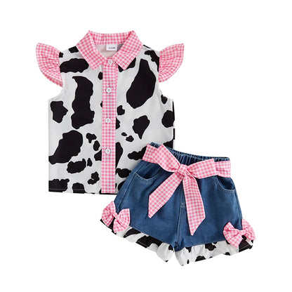 Cow Print Blouse & Shorts Set