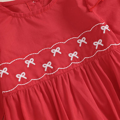 Baby Girl Bubble Romper Long Sleeve with Bow Embroidery