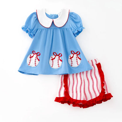 Take Me Out To The Ball Game Blue & Red Ruffled Shorts Set
