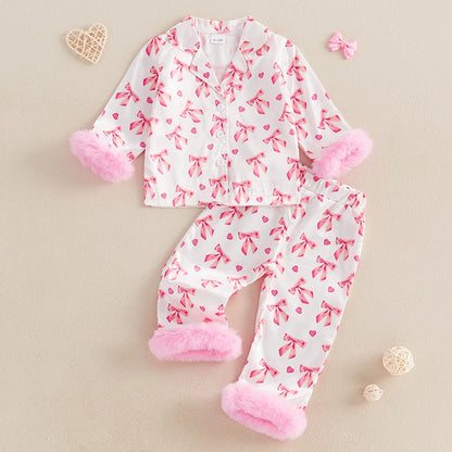 Toddler Girl Silk Button Down bow pjs with fur trim