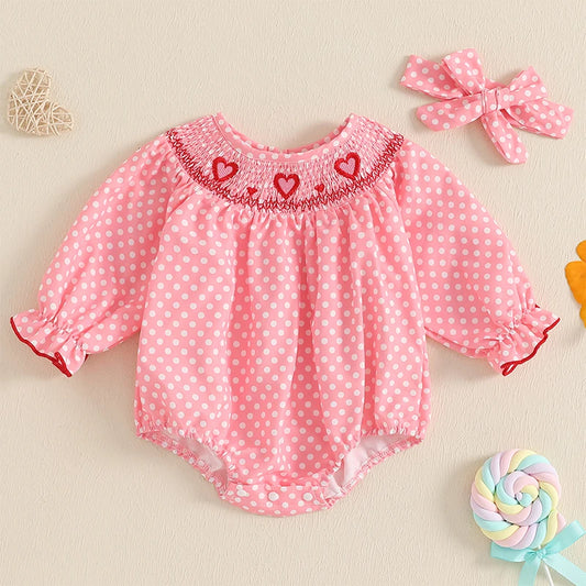 Embroidery Love Heart Smocked Bubble Romper